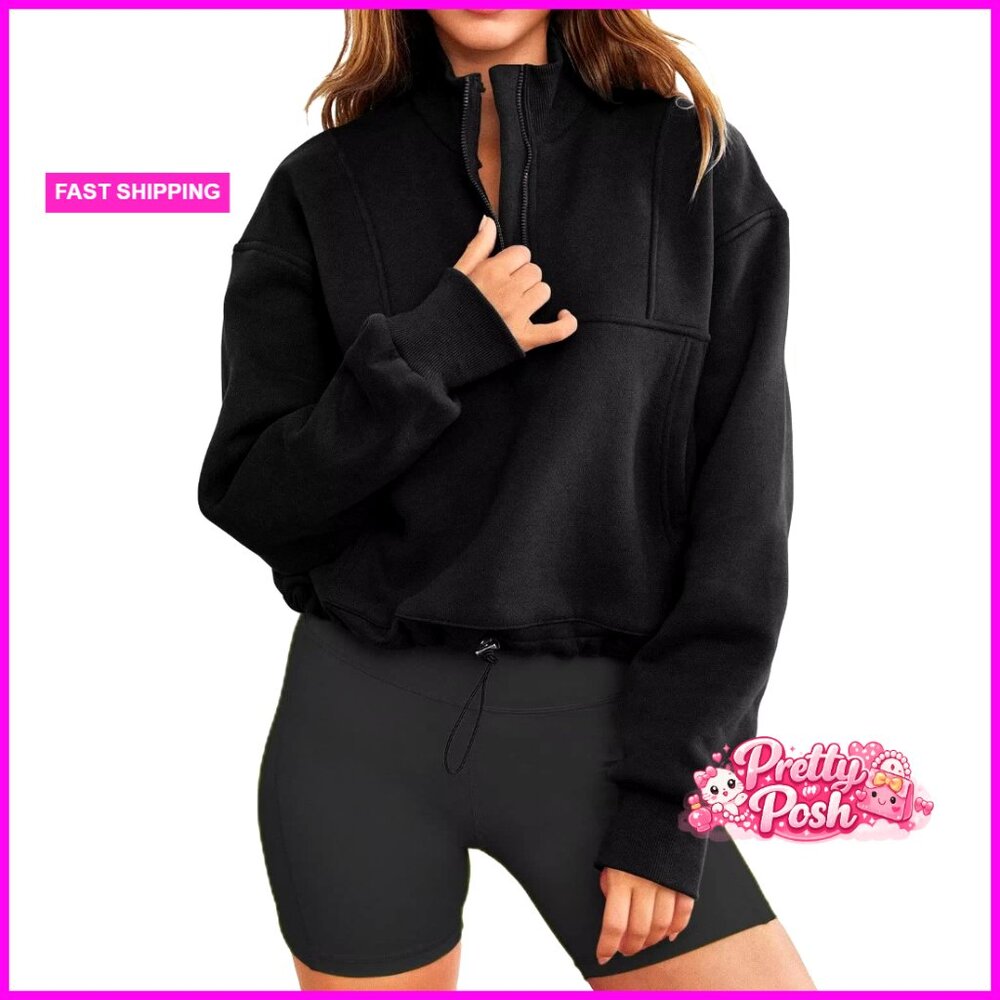 Long Sleeve Half Zip Pullover Sweatshirt Cropped Top with Kangaroo Pocket